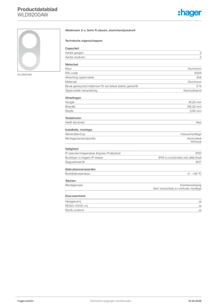 Afbeelding Hager Productdatablad WLD9200AW | Hager Nederland