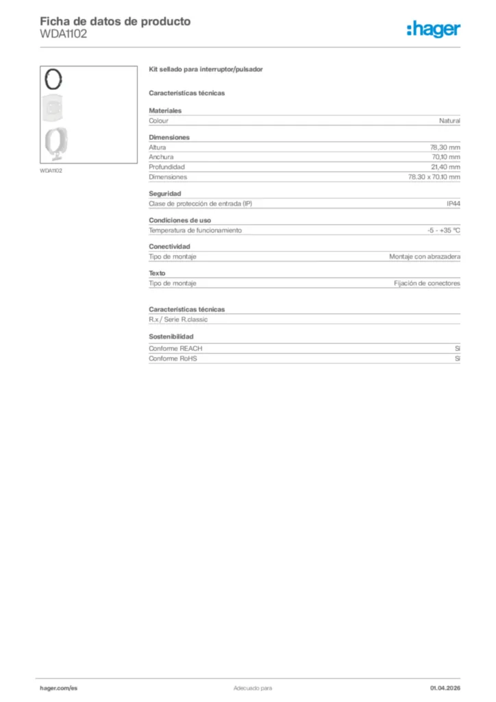 Imagen Hager Ficha de datos de producto WDA1102 | Hager España