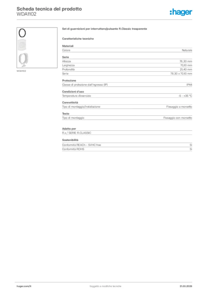 Immagine Hager Scheda tecnica del prodotto WDA1102 | Hager Italia