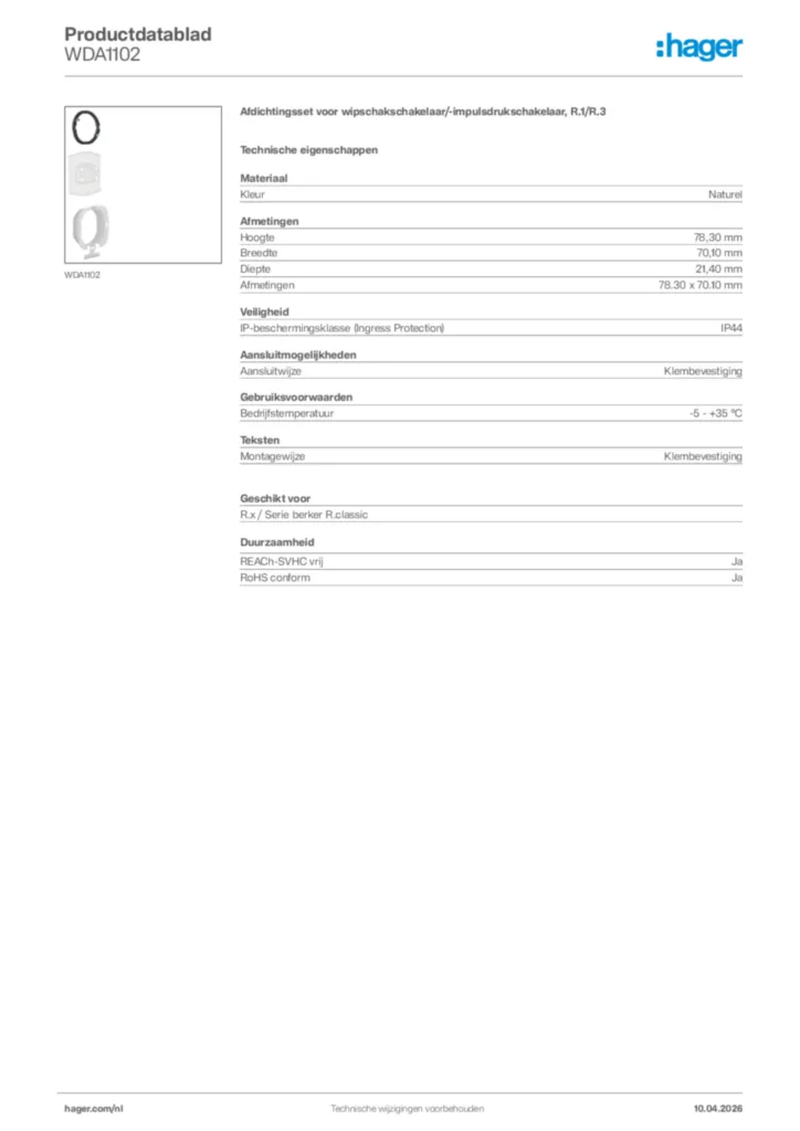 Afbeelding Hager Productdatablad WDA1102 | Hager Nederland