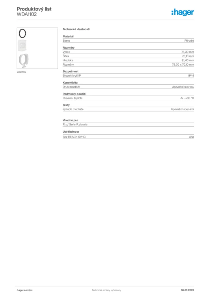 Obrázek Hager Product data sheet WDA1102 | Hager