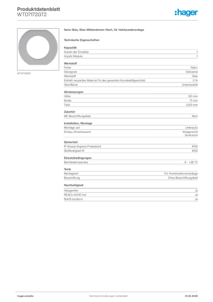 Bild Hager Produktdatenblatt WTD7172GT2 | Hager Deutschland