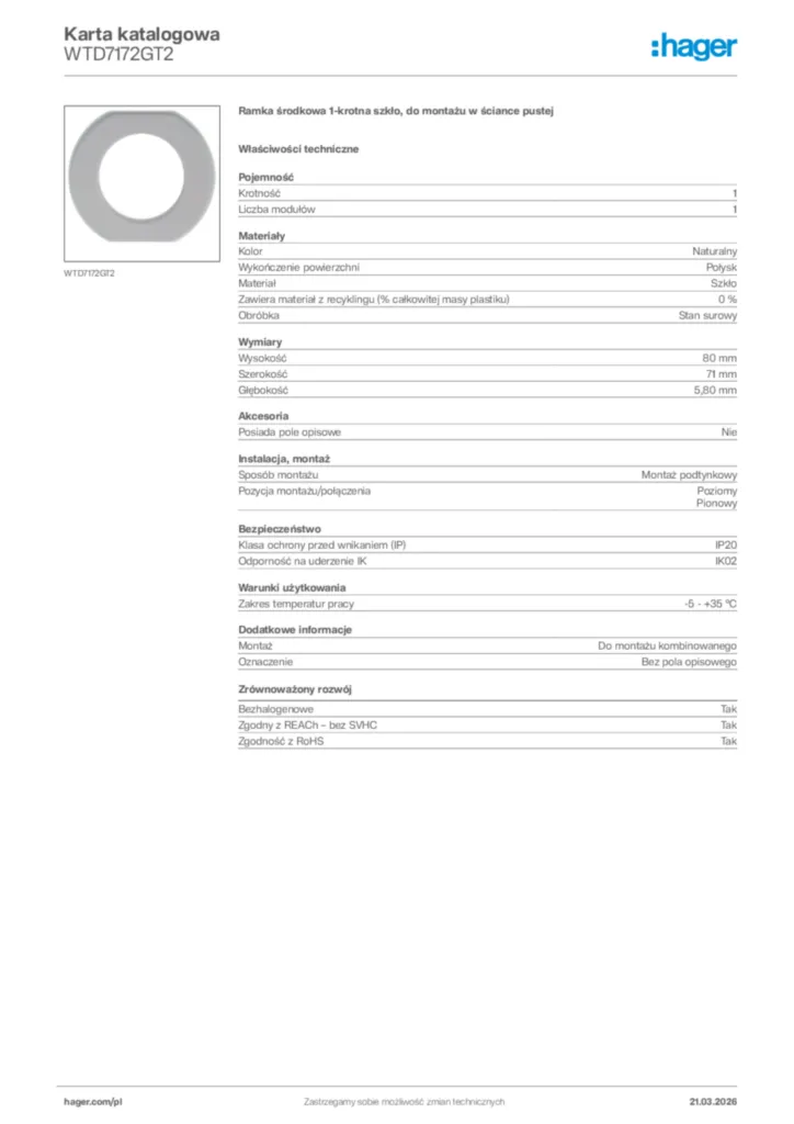 Zdjęcie Hager Karta katalogowa WTD7172GT2 | Hager Polska