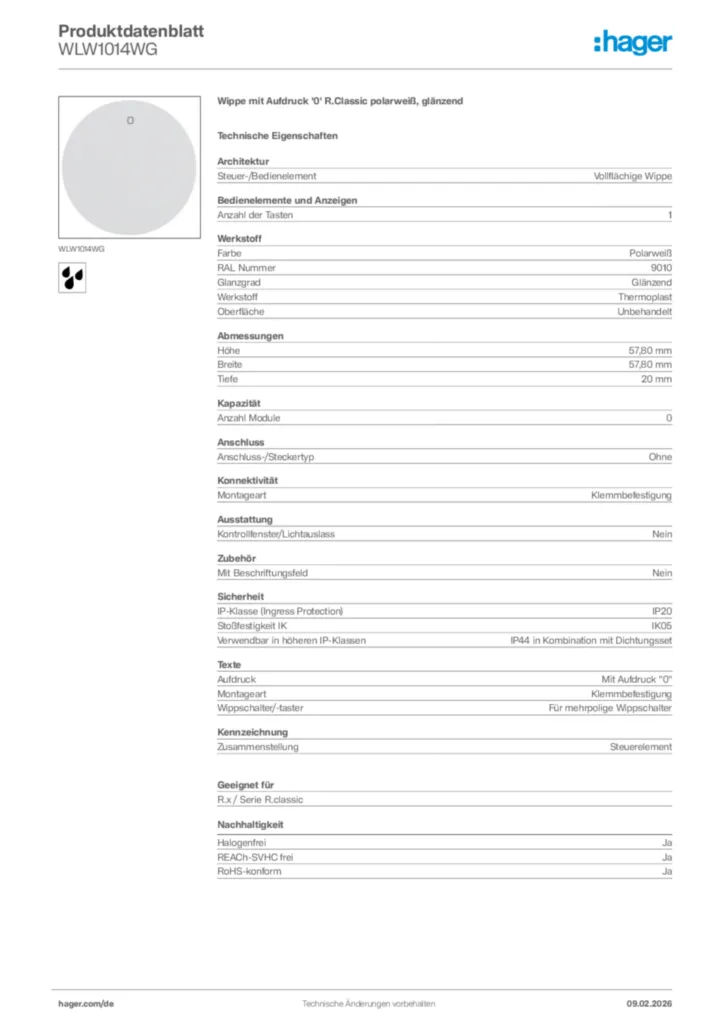 Bild Hager Produktdatenblatt WLW1014WG | Hager Deutschland