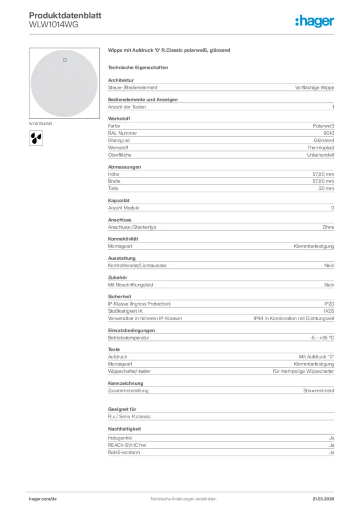 Bild Hager Produktdatenblatt WLW1014WG | Hager Deutschland