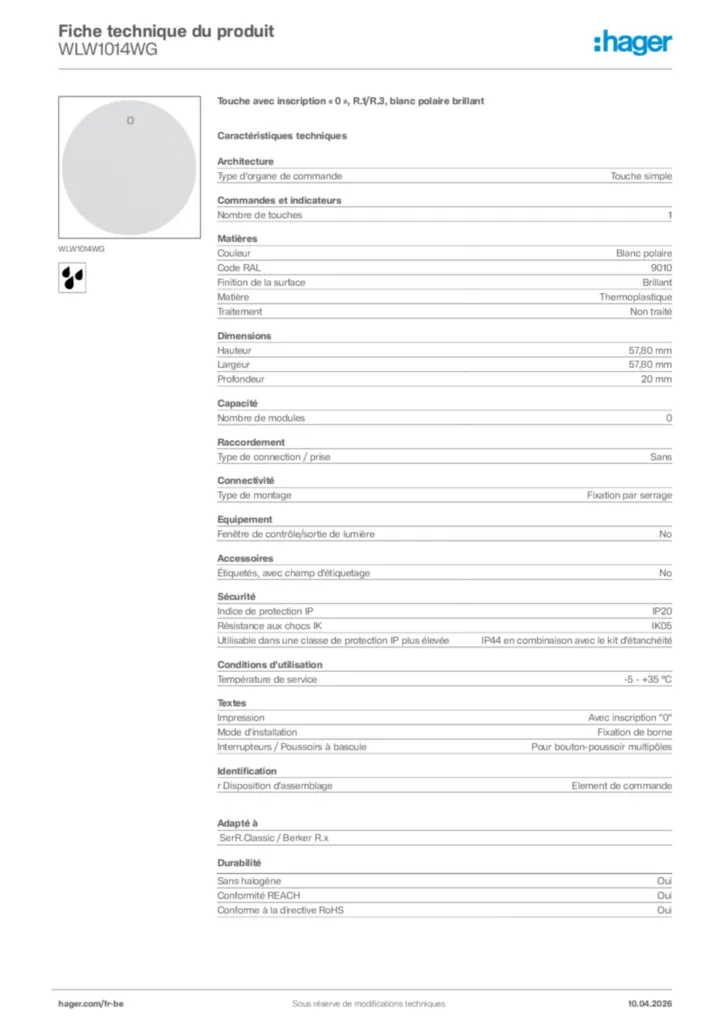 Image Hager Fiche technique du produit WLW1014WG | Hager Belgique