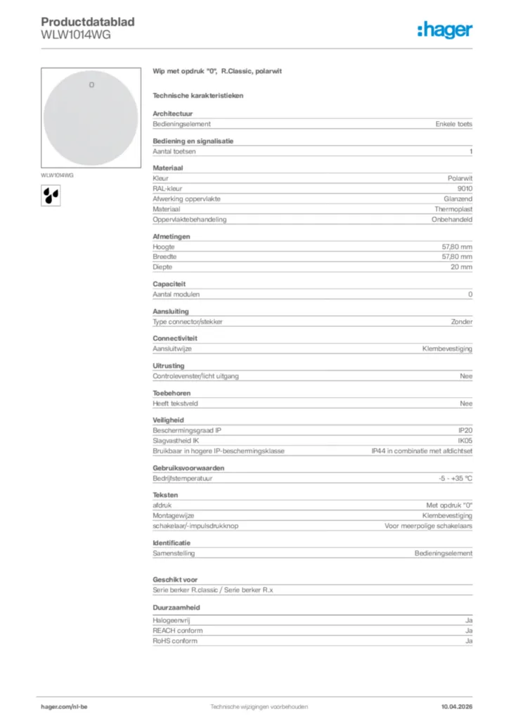 Afbeelding Hager Productdatablad WLW1014WG | Hager Belgium