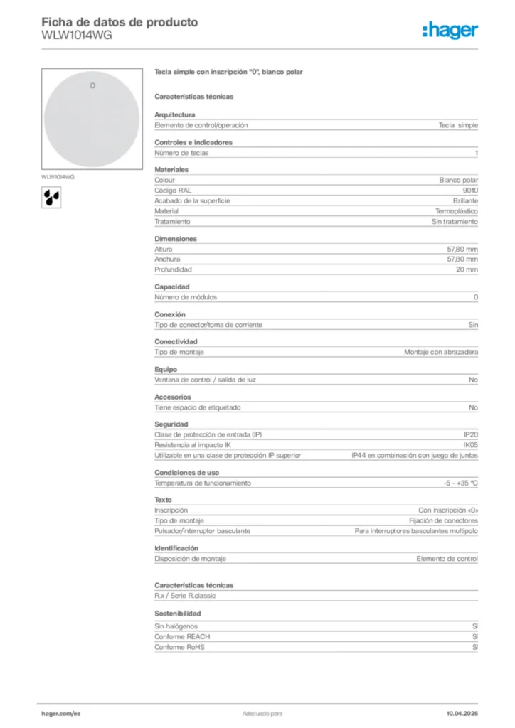Imagen Hager Ficha de datos de producto WLW1014WG | Hager España