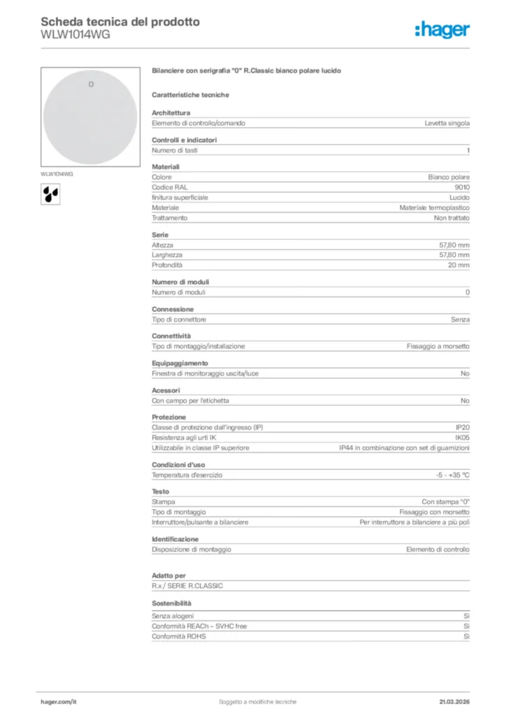 Immagine Hager Scheda tecnica del prodotto WLW1014WG | Hager Italia