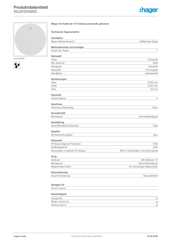 Bild Hager Produktdatenblatt WLW1014WG | Hager Deutschland