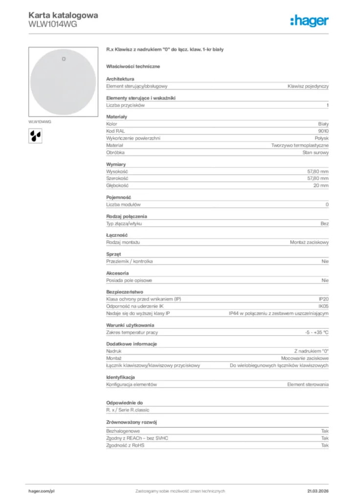 Zdjęcie Hager Karta katalogowa WLW1014WG | Hager Polska