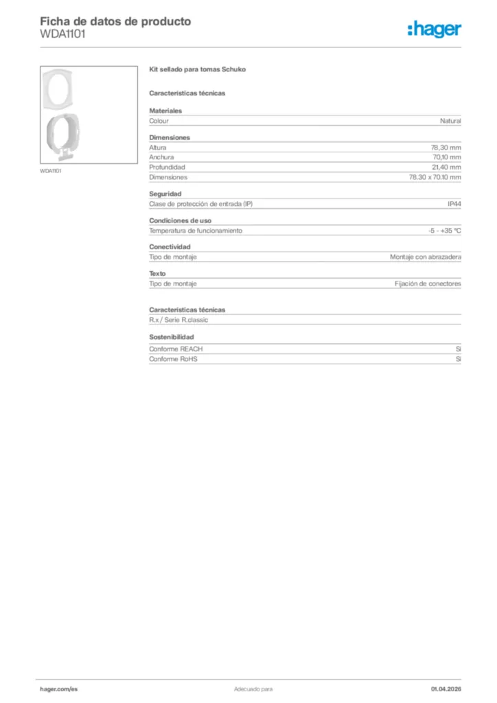 Imagen Hager Ficha de datos de producto WDA1101 | Hager España