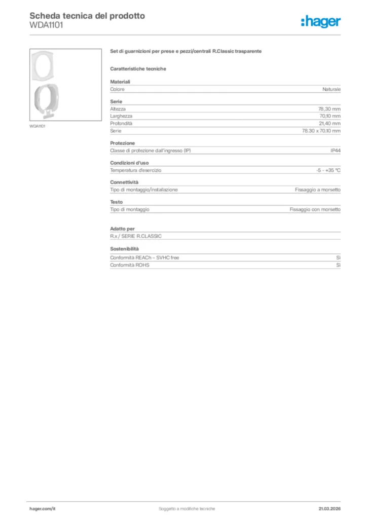 Immagine Hager Scheda tecnica del prodotto WDA1101 | Hager Italia