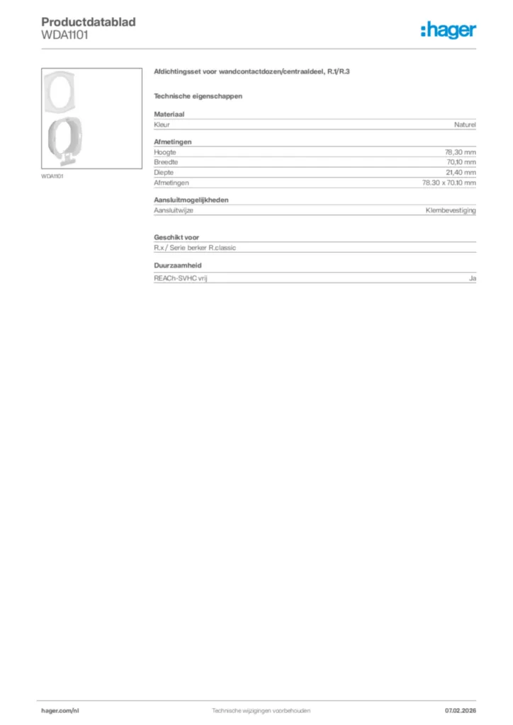 Afbeelding Hager Productdatablad WDA1101 | Hager Nederland