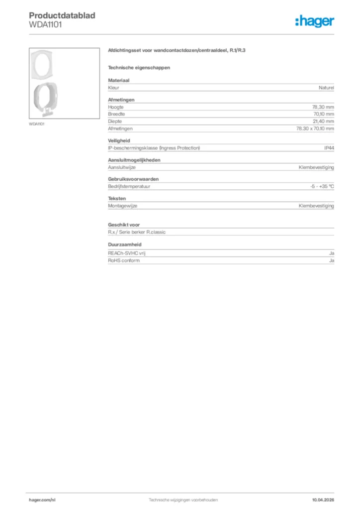 Afbeelding Hager Productdatablad WDA1101 | Hager Nederland