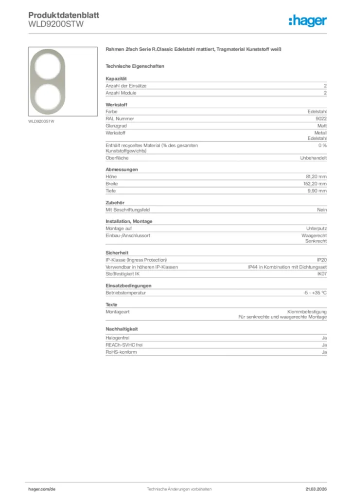 Bild Hager Produktdatenblatt WLD9200STW | Hager Deutschland