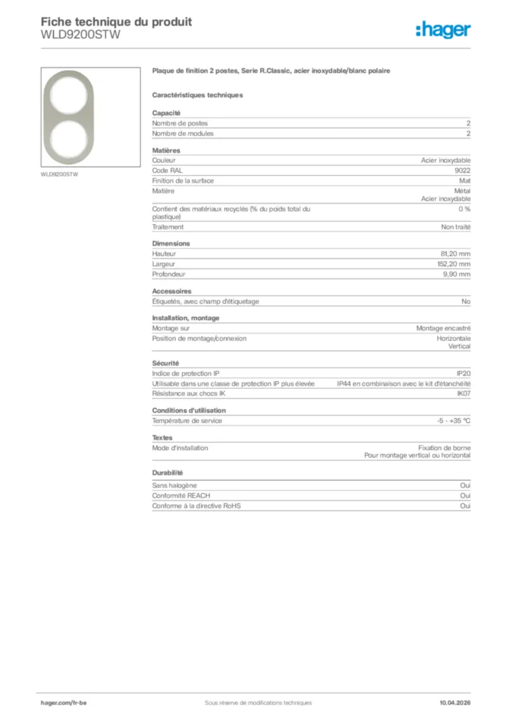 Image Hager Fiche technique du produit WLD9200STW | Hager Belgique