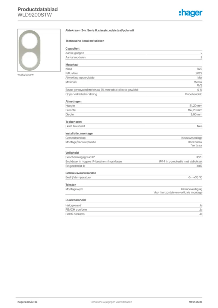 Afbeelding Hager Productdatablad WLD9200STW | Hager Belgium