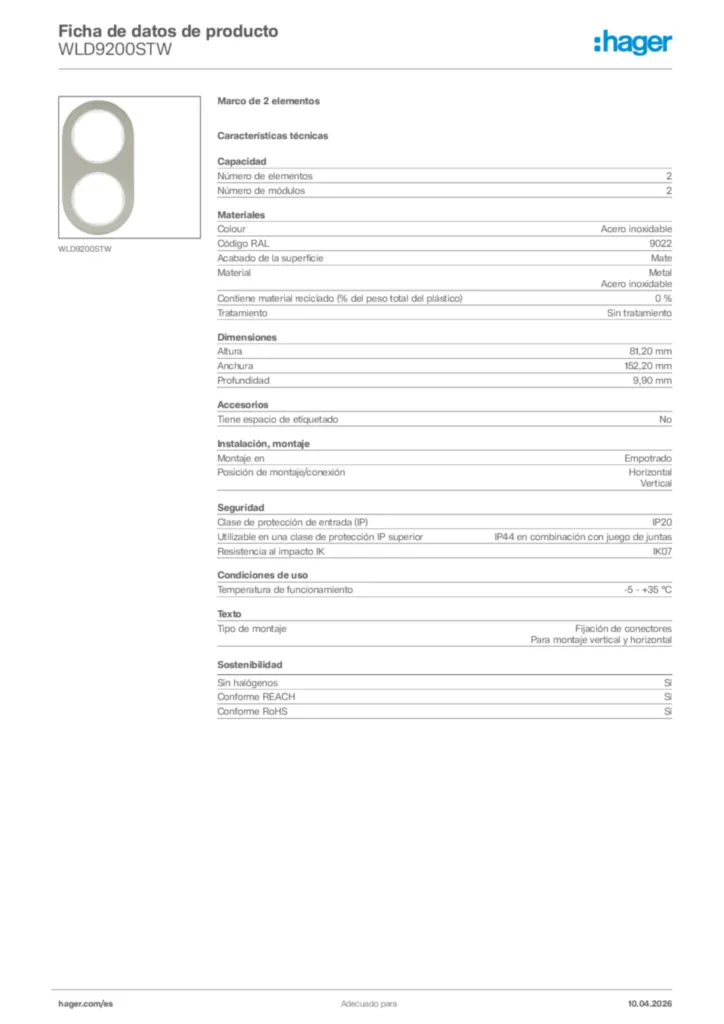 Imagen Hager Ficha de datos de producto WLD9200STW | Hager España
