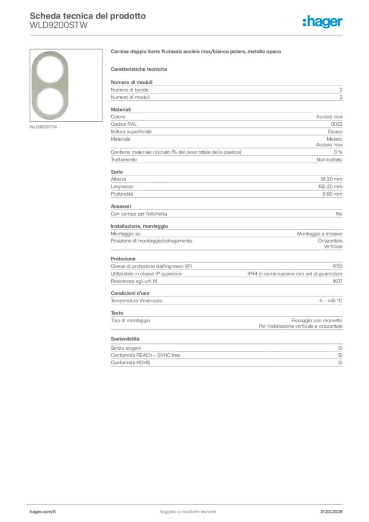 Immagine Hager Scheda tecnica del prodotto WLD9200STW | Hager Italia