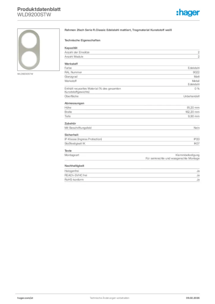 Bild Hager Produktdatenblatt WLD9200STW | Hager Deutschland