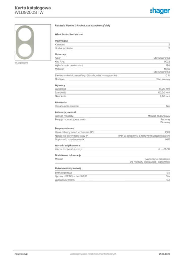 Zdjęcie Hager Karta katalogowa WLD9200STW | Hager Polska