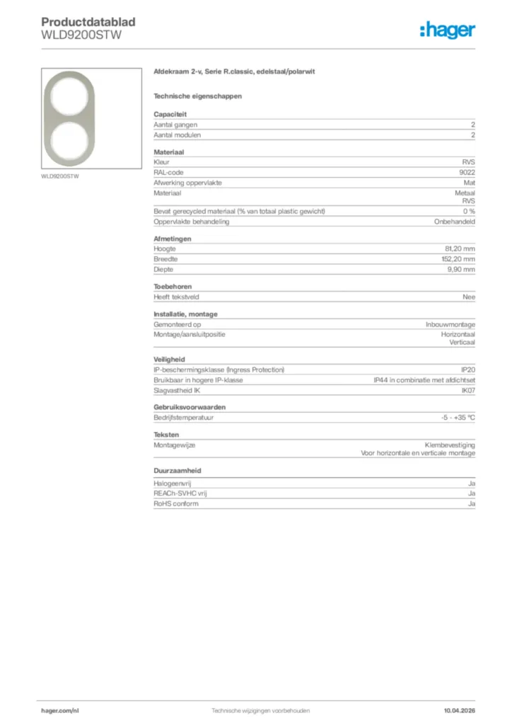 Afbeelding Hager Productdatablad WLD9200STW | Hager Nederland