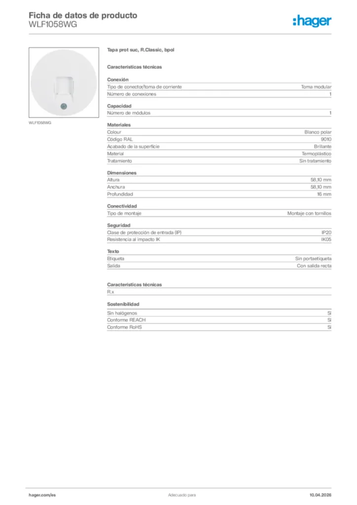 Imagen Hager Ficha de datos de producto WLF1058WG | Hager España