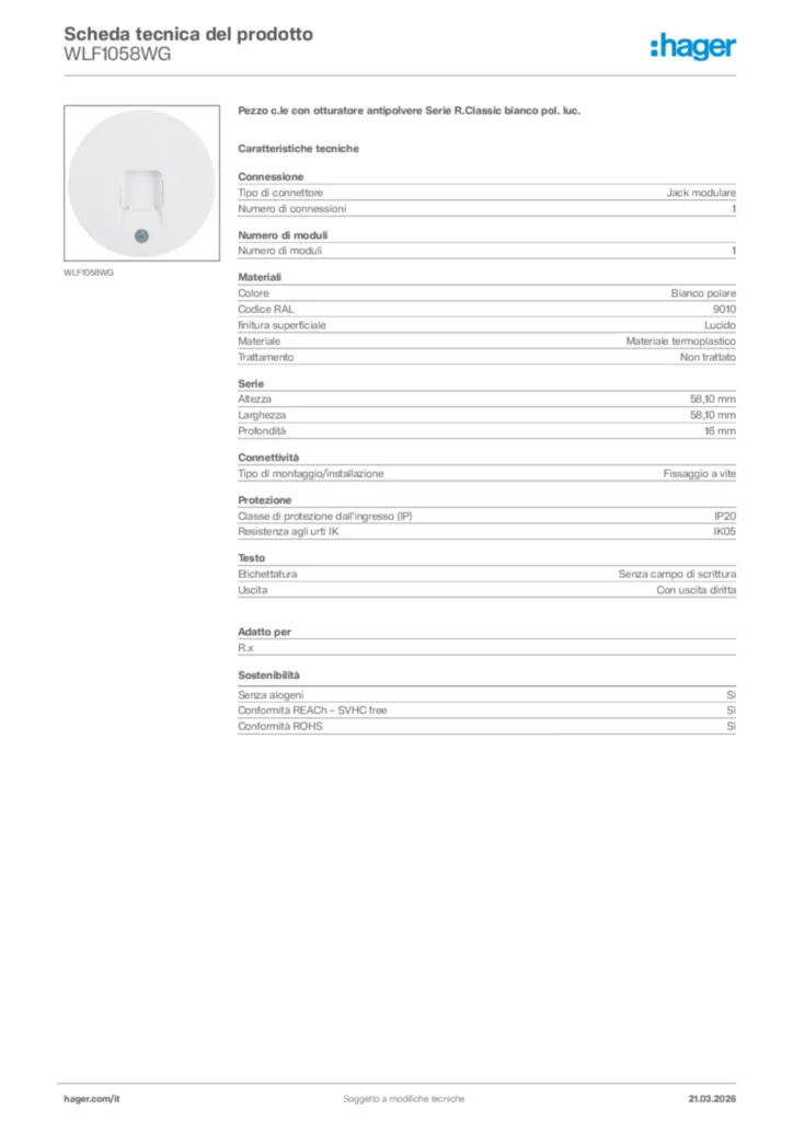 Immagine Hager Scheda tecnica del prodotto WLF1058WG | Hager Italia