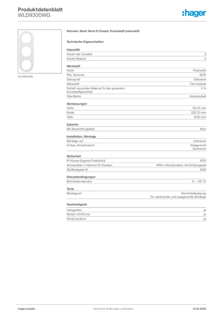 Bild Hager Produktdatenblatt WLD9300WG | Hager Deutschland
