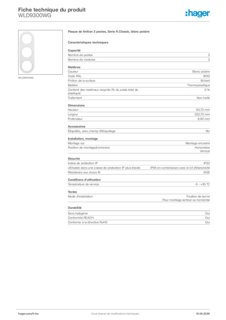 Image Hager Fiche technique du produit WLD9300WG | Hager Belgique