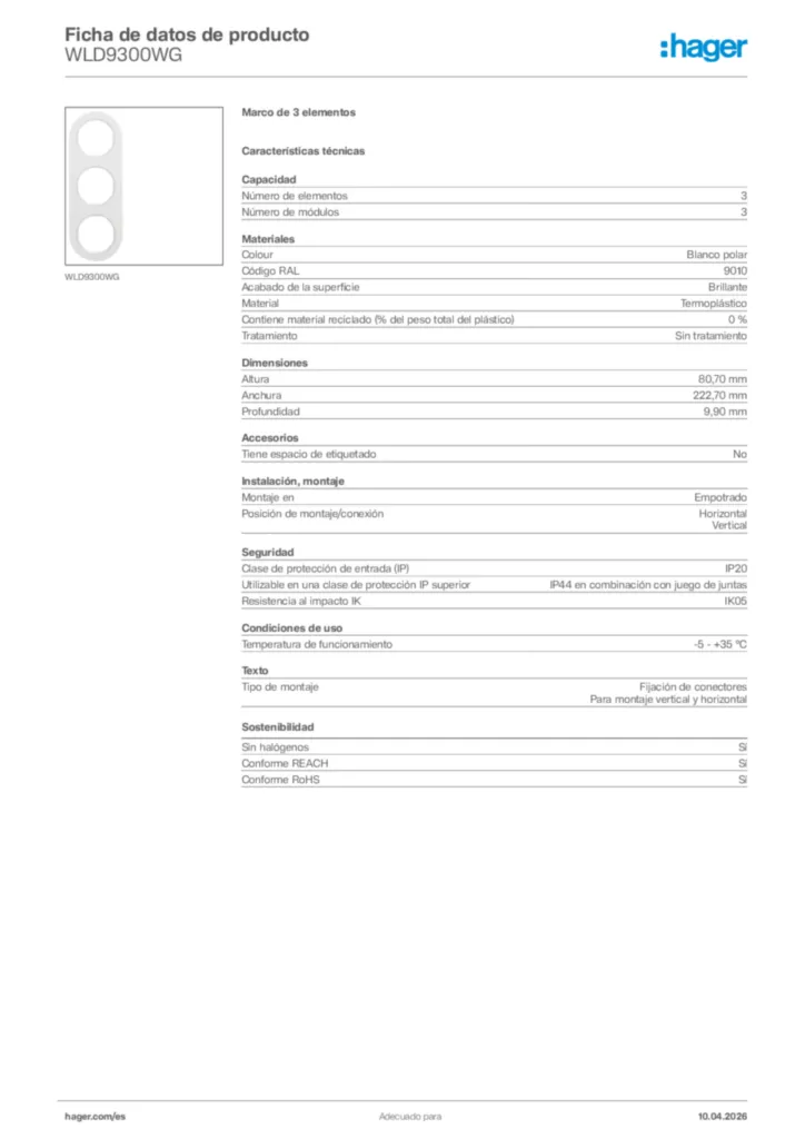Imagen Hager Ficha de datos de producto WLD9300WG | Hager España