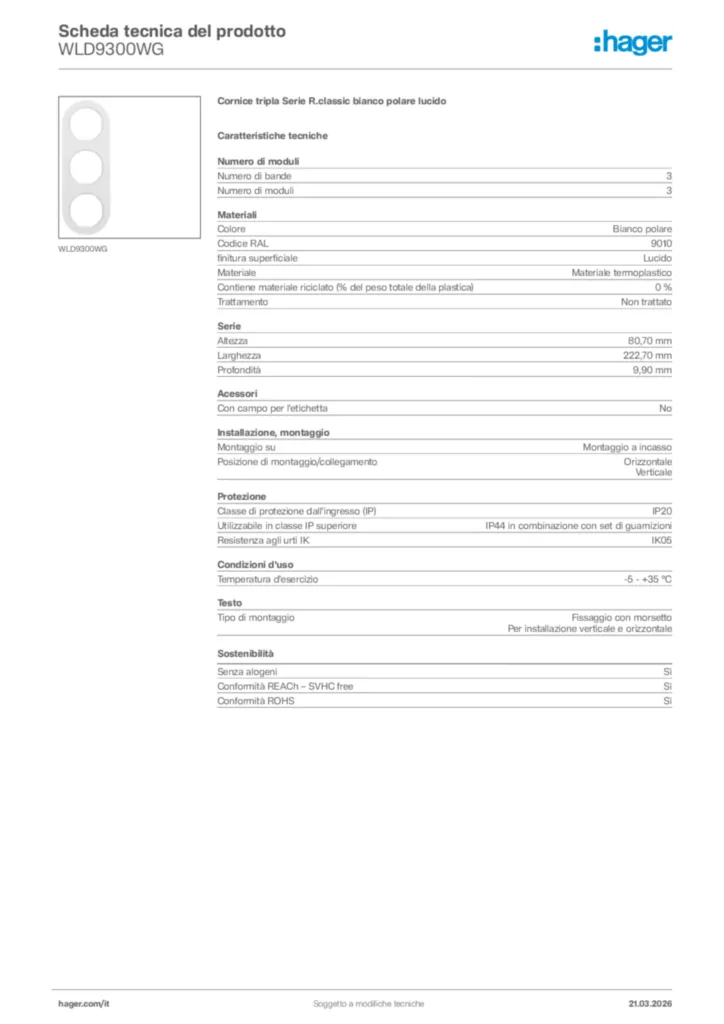 Immagine Hager Scheda tecnica del prodotto WLD9300WG | Hager Italia