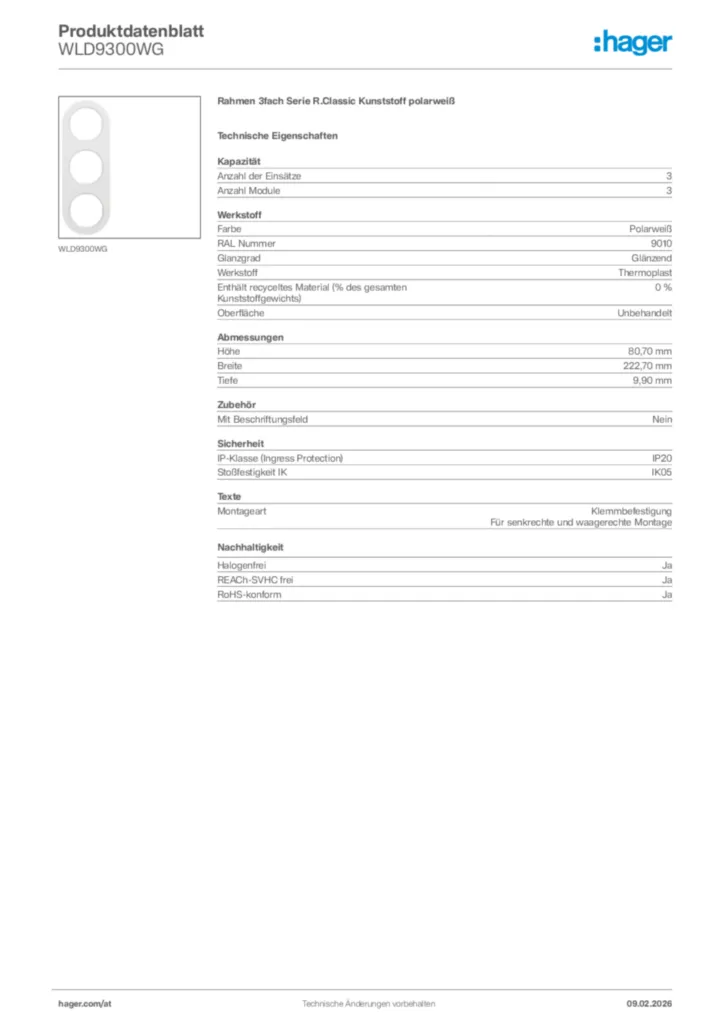 Bild Hager Produktdatenblatt WLD9300WG | Hager Deutschland