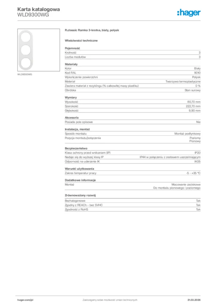 Zdjęcie Hager Karta katalogowa WLD9300WG | Hager Polska