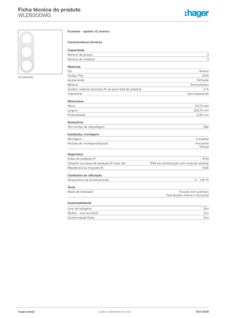 Imagem Hager Ficha técnica do produto WLD9300WG | Hager Portugal