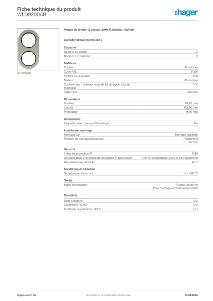 Image Hager Fiche technique du produit WLD9200AB | Hager Belgique