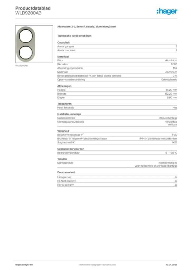 Afbeelding Hager Productdatablad WLD9200AB | Hager Belgium