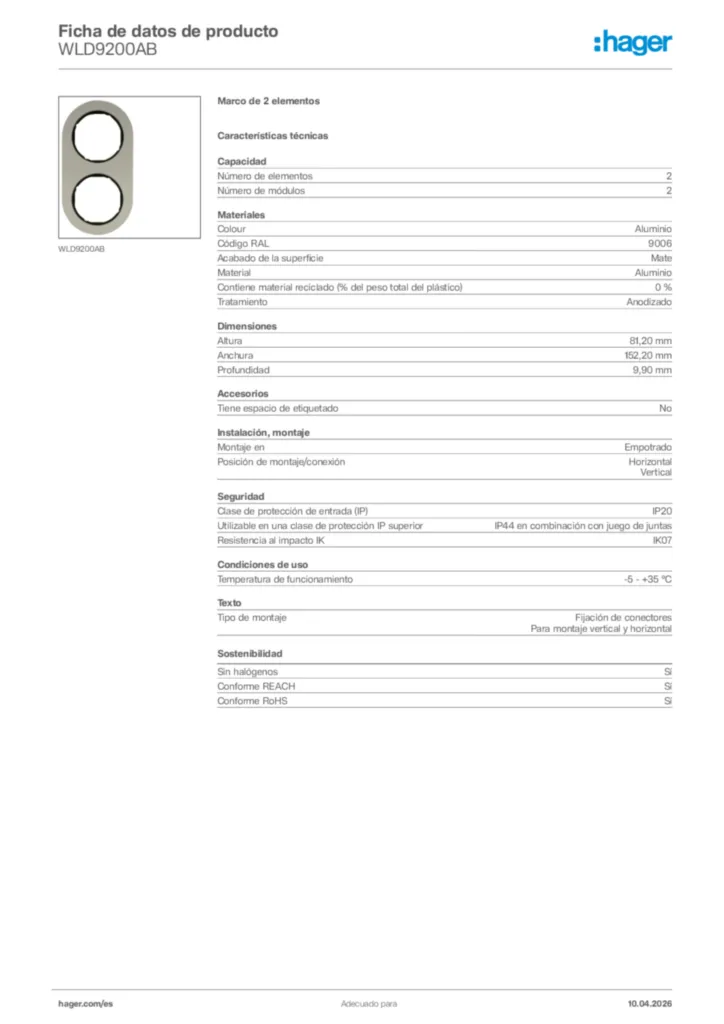 Imagen Hager Ficha de datos de producto WLD9200AB | Hager España
