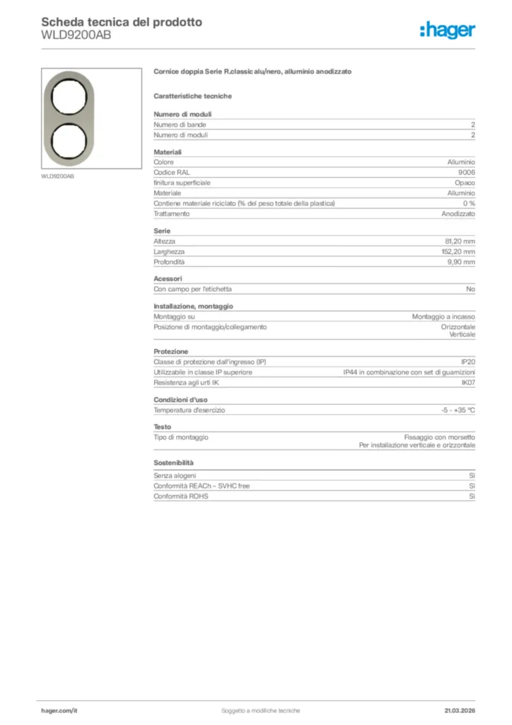 Immagine Hager Scheda tecnica del prodotto WLD9200AB | Hager Italia