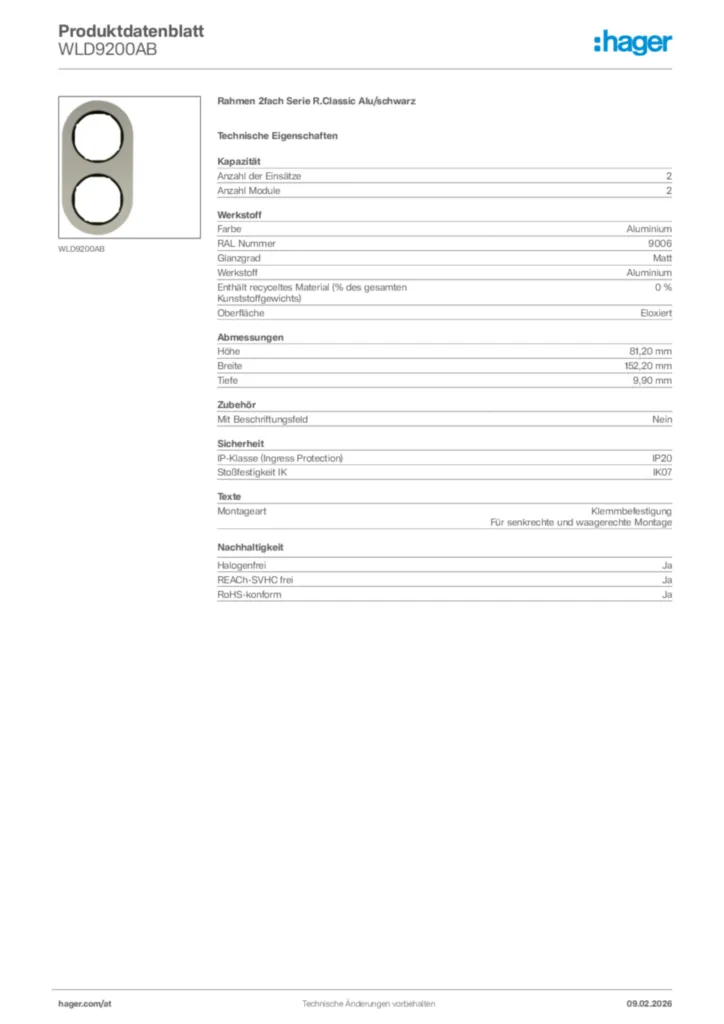 Bild Hager Produktdatenblatt WLD9200AB | Hager Deutschland
