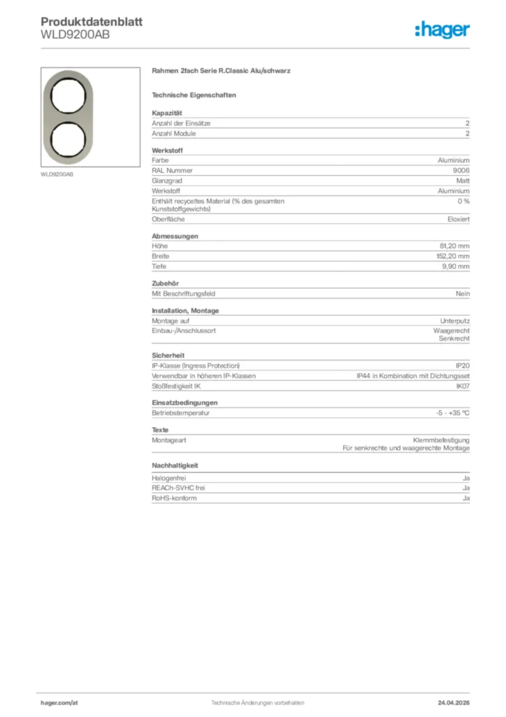 Bild Hager Produktdatenblatt WLD9200AB | Hager Deutschland