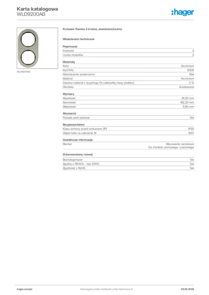 Zdjęcie Hager Karta katalogowa WLD9200AB | Hager Polska