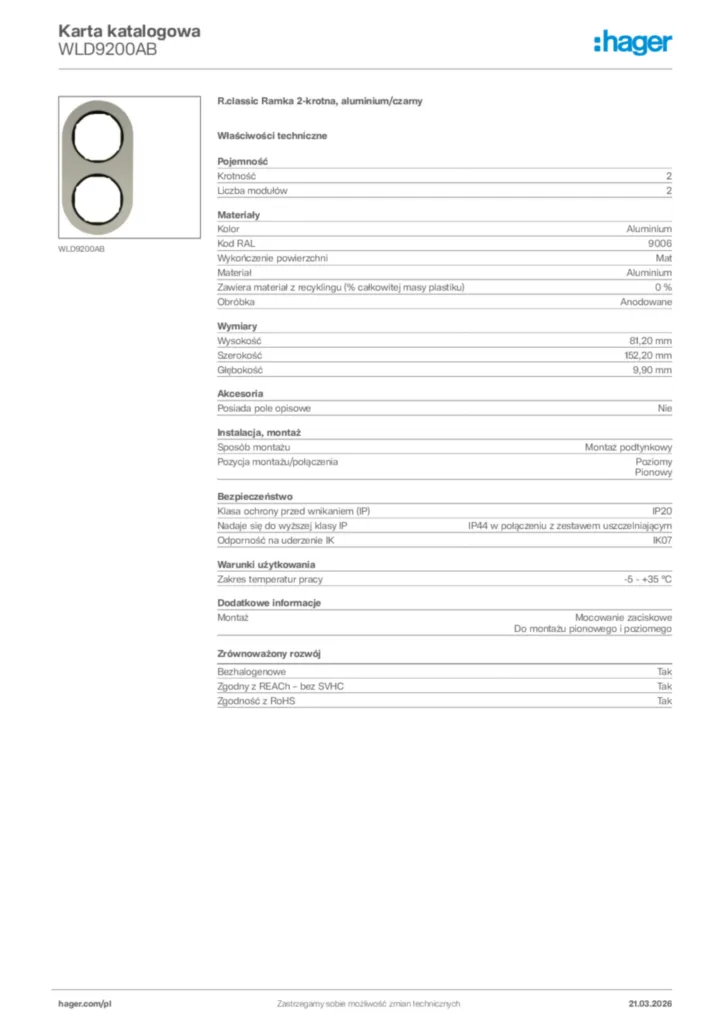 Zdjęcie Hager Karta katalogowa WLD9200AB | Hager Polska