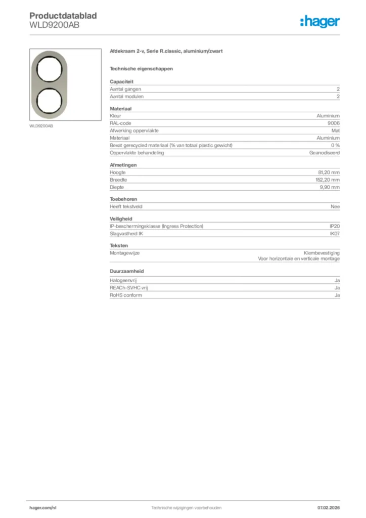 Afbeelding Hager Productdatablad WLD9200AB | Hager Nederland