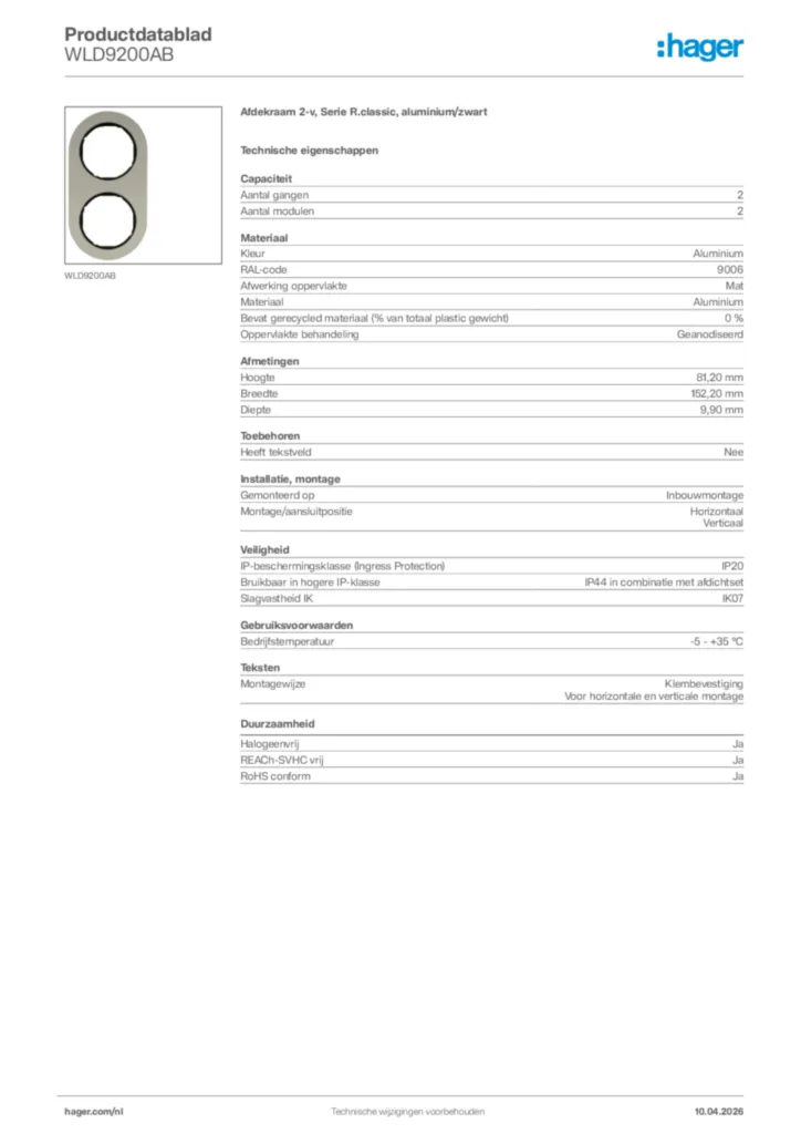 Afbeelding Hager Productdatablad WLD9200AB | Hager Nederland