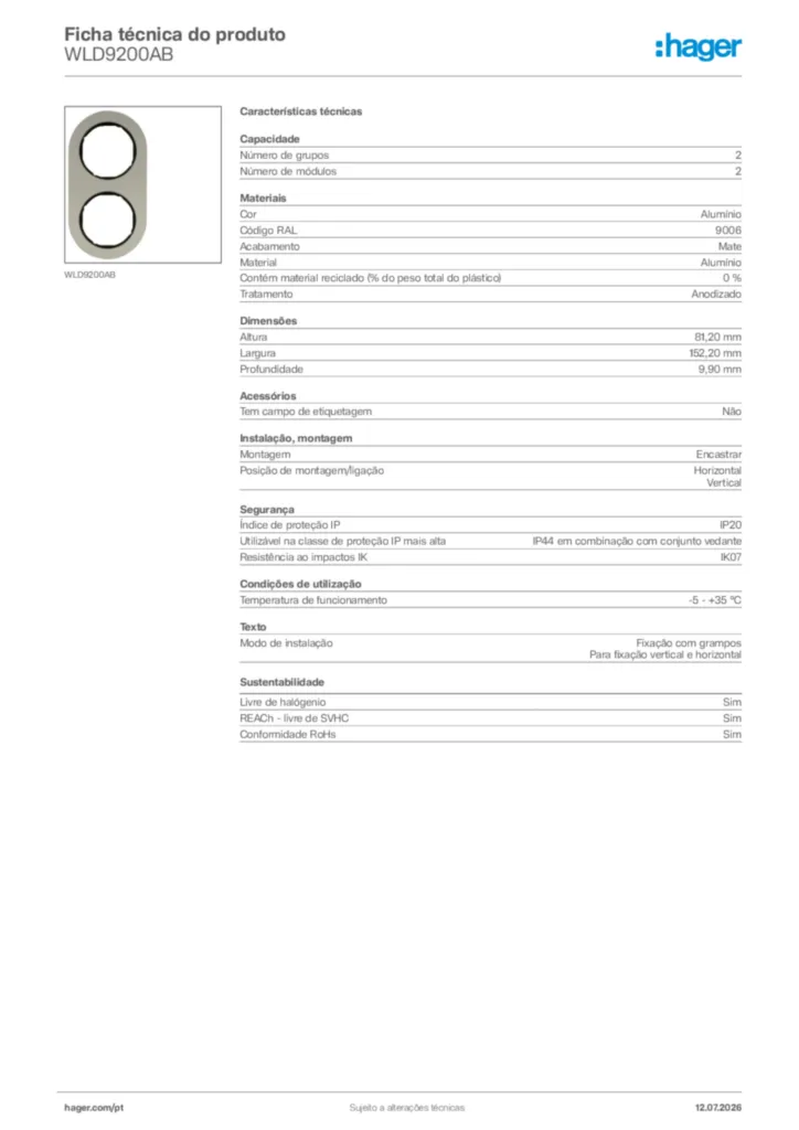 Imagem Hager Ficha técnica do produto WLD9200AB | Hager Portugal