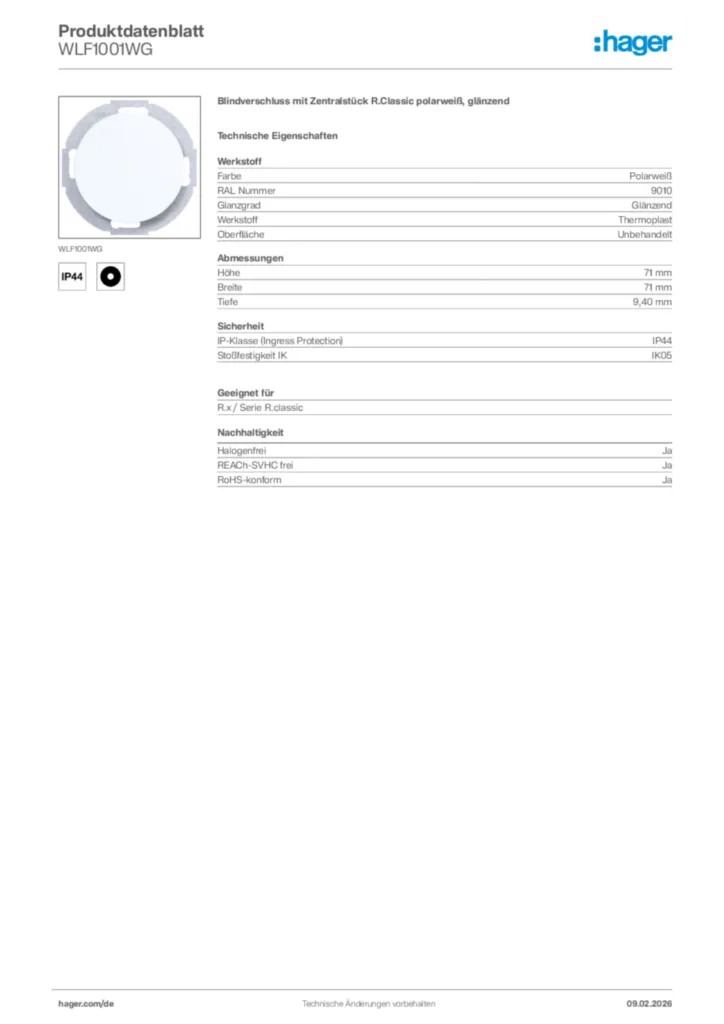 Bild Hager Produktdatenblatt WLF1001WG | Hager Deutschland