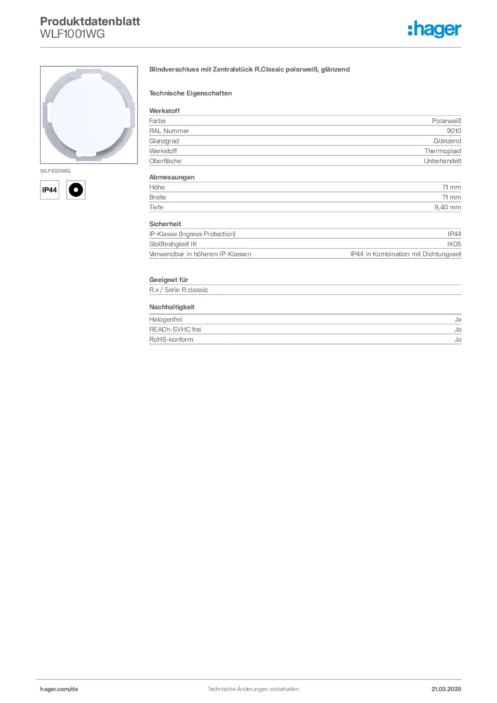 Bild Hager Produktdatenblatt WLF1001WG | Hager Deutschland
