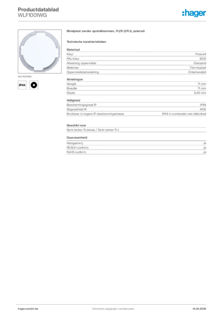 Afbeelding Hager Productdatablad WLF1001WG | Hager Belgium